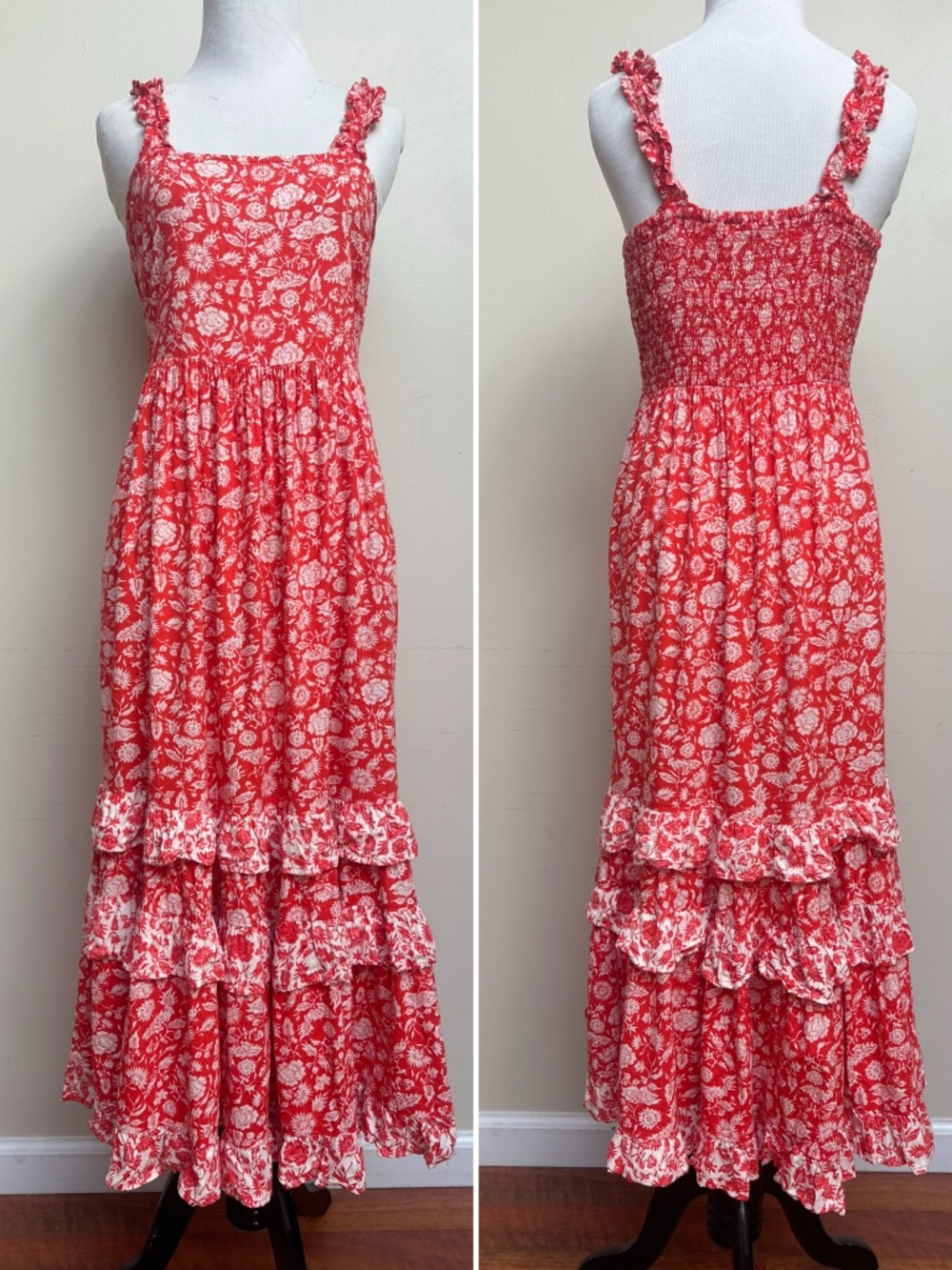Universal Thread Floral Tiered Ruffle Strap Maxi Dress Red Size XS